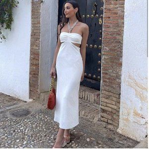 ZARA White Stretch Lined Tortoise Chain Halter Neck Cut Out Side Midi Dress